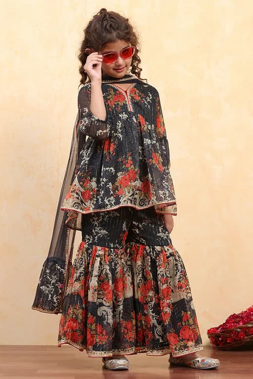 Girls Black Casual A-Line Kurta With Pyjama Polyester Salwar Suit