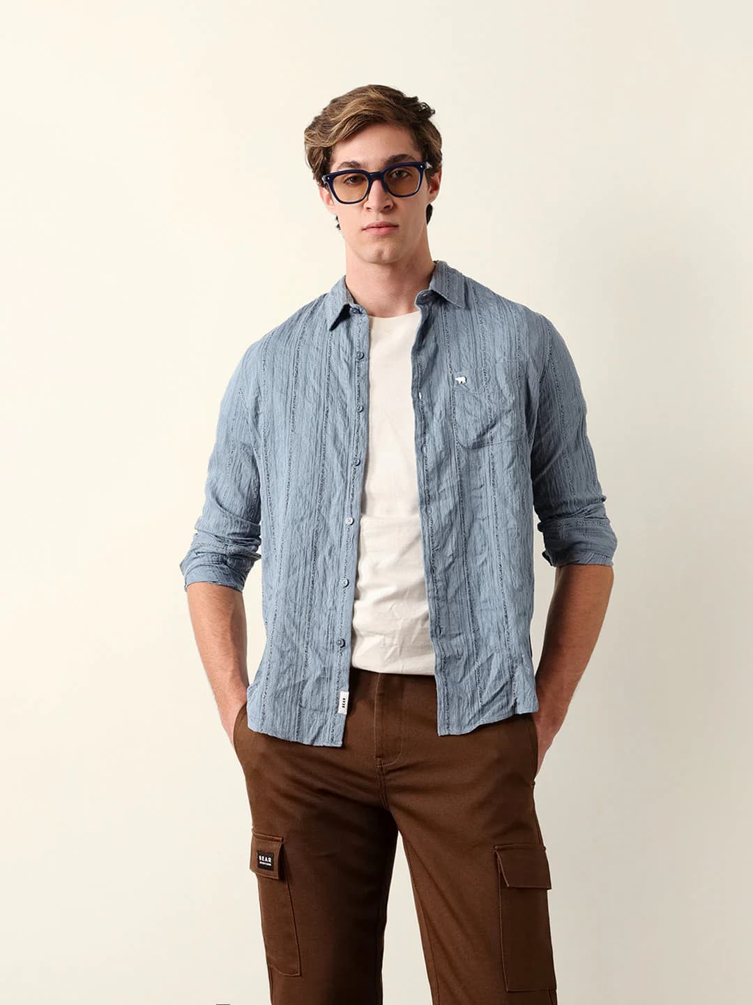 Men's Blue Vertical Seersucker Pinstripe Slim Fit Casual Shirt