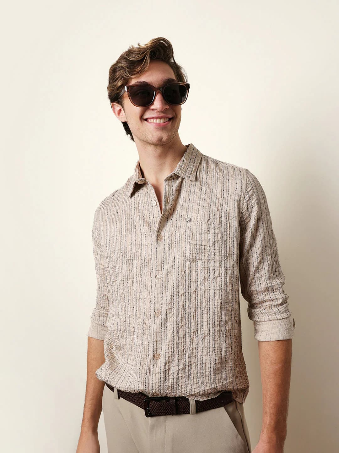Men's Cream Vertical Seersucker Pinstripe Slim Fit Casual Shirt