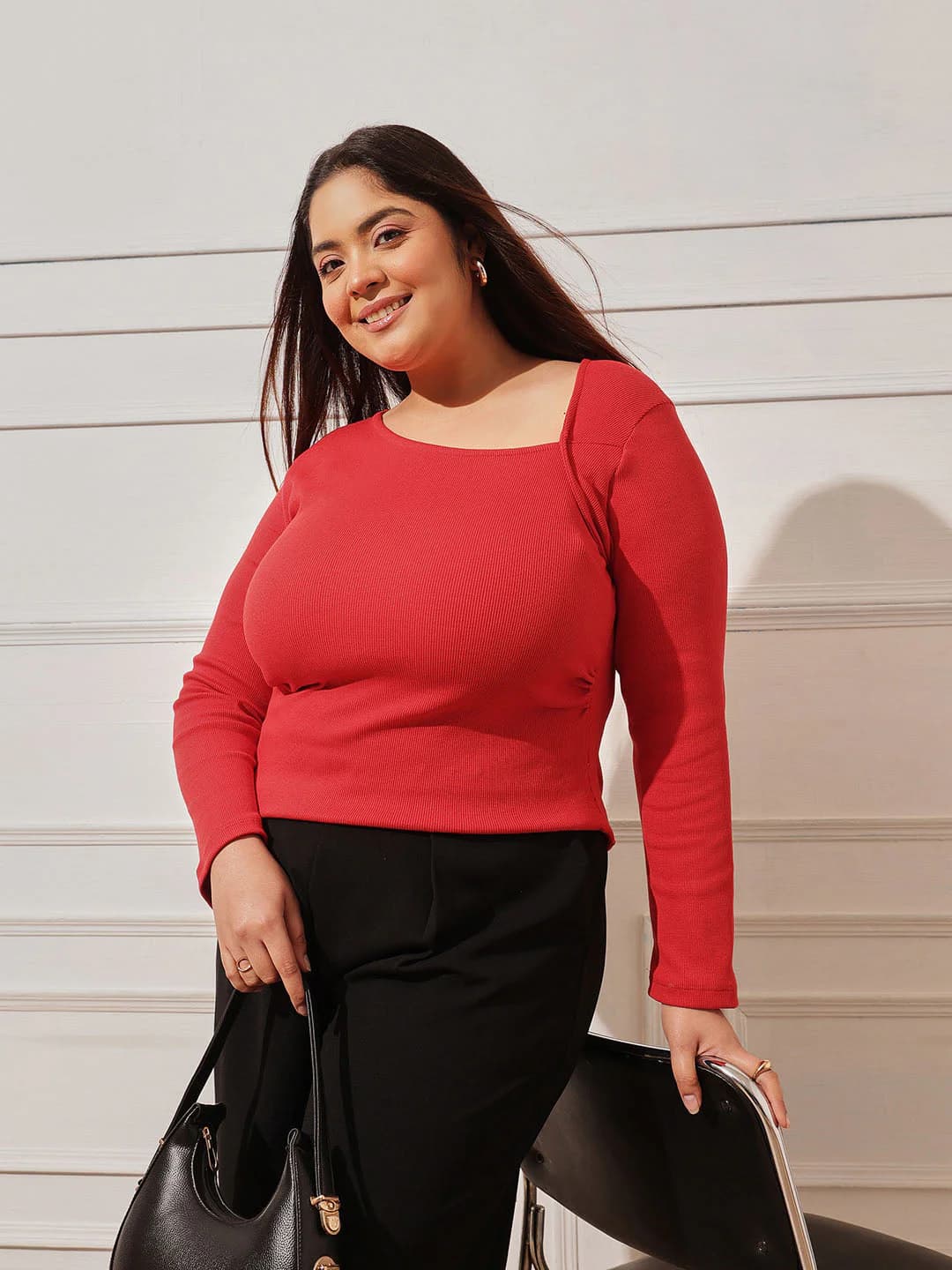 Women's Red Casual Solid Slim Fit Top