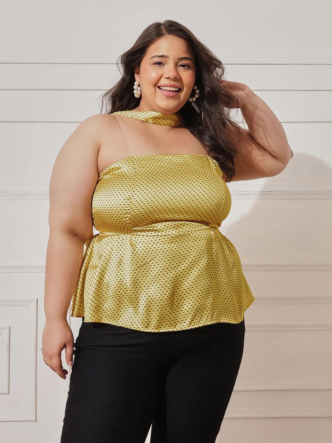 Women's Yellow Casual Polka Dot Slim Fit Top