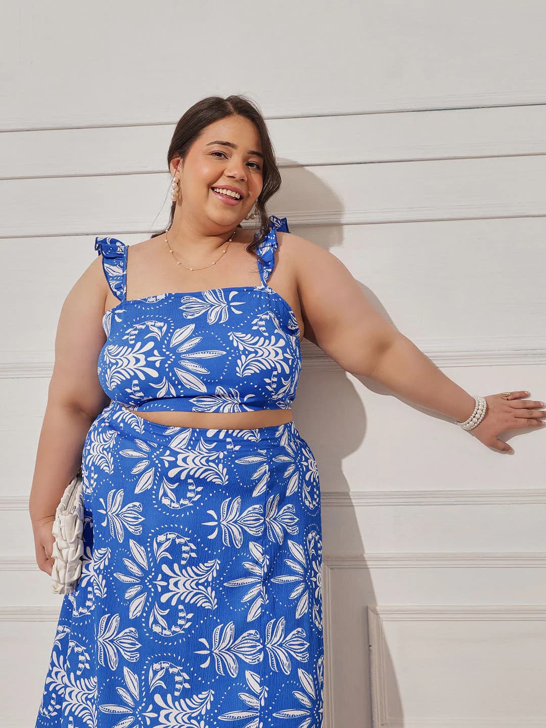 Women's Blue Casual Floral Top and Skirt