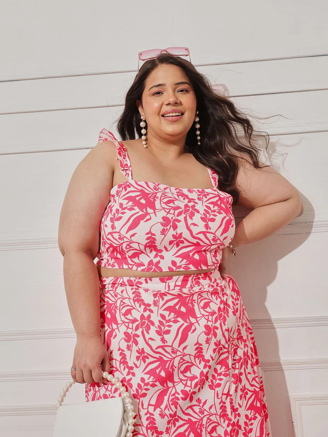 Women's Pink Casual Floral Top and Skirt