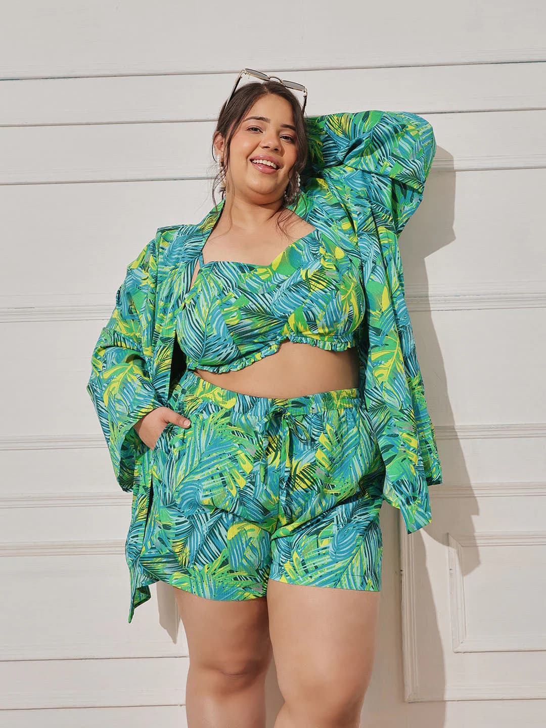 Women's Green Casual Printed Sweetheart Neck Top and Shorts