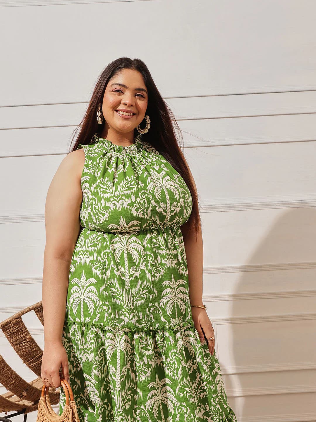 Women's Green Casual Printed Round Neck Dress