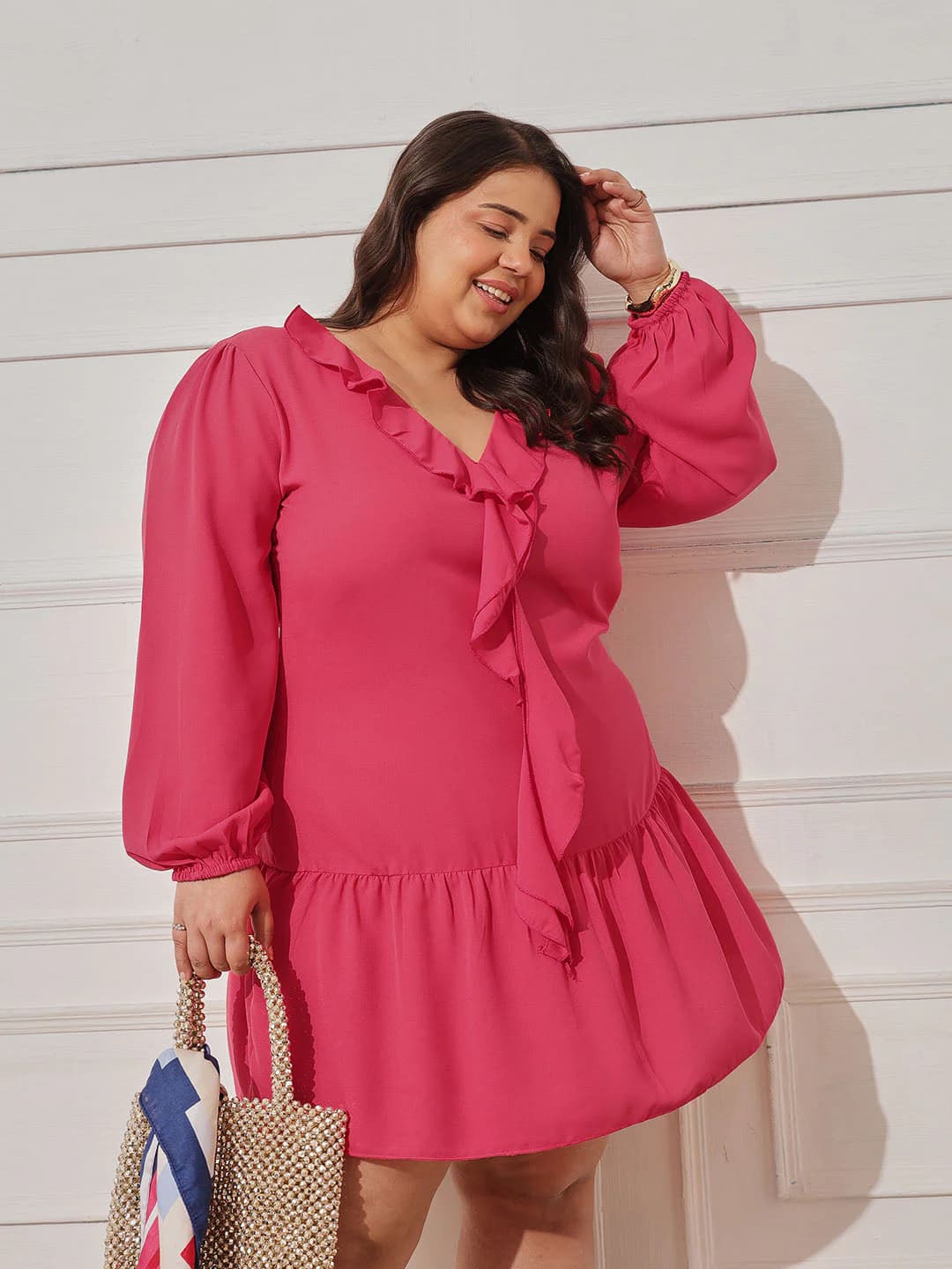 Women's Pink Casual Solid V-Neck Dress