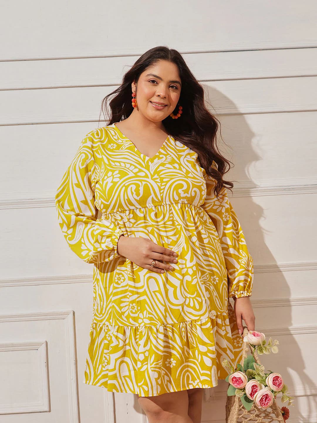 Women's Yellow Casual Printed V-Neck Dress