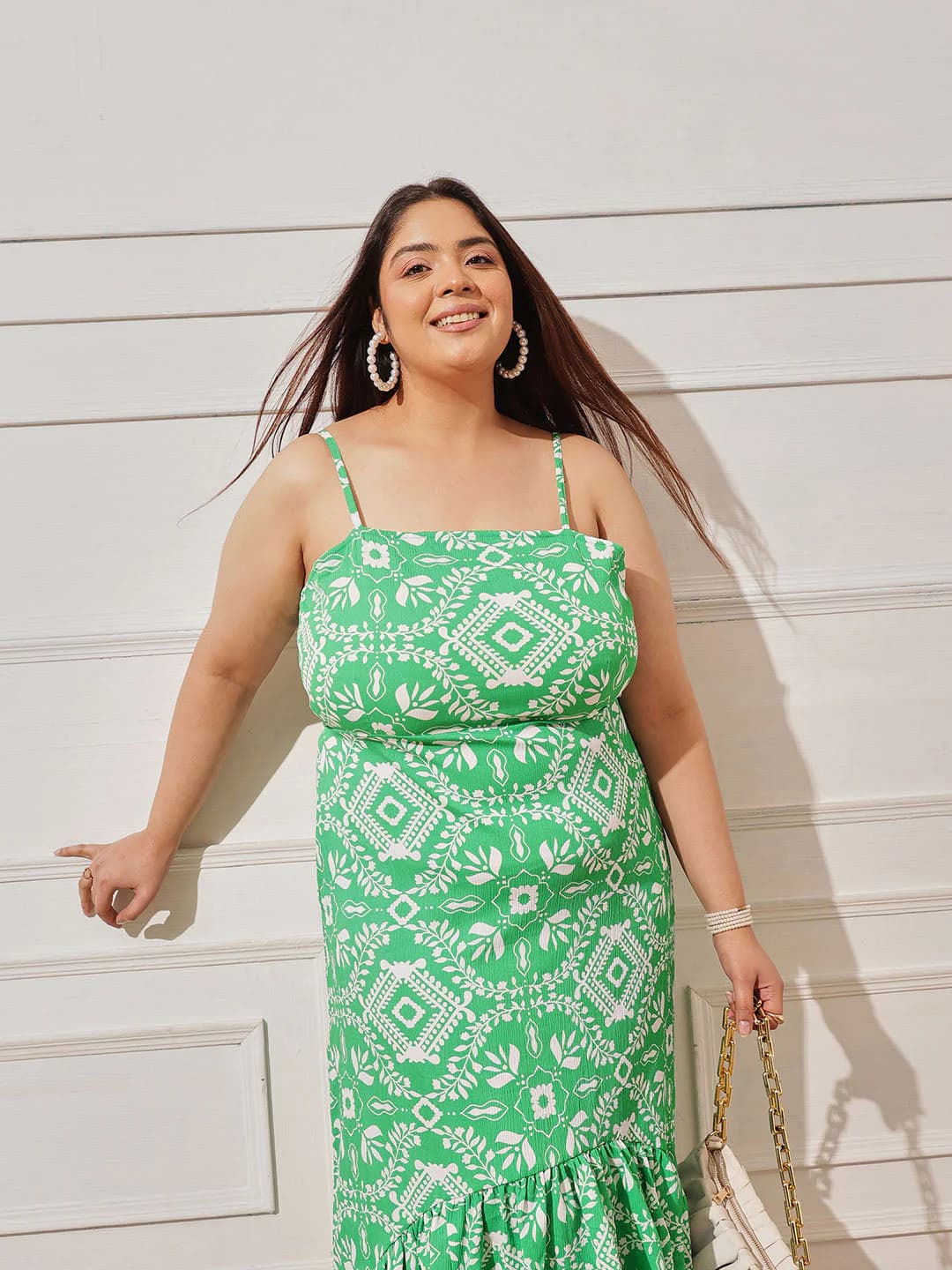 Women's Green Casual Printed Square Neck Dress