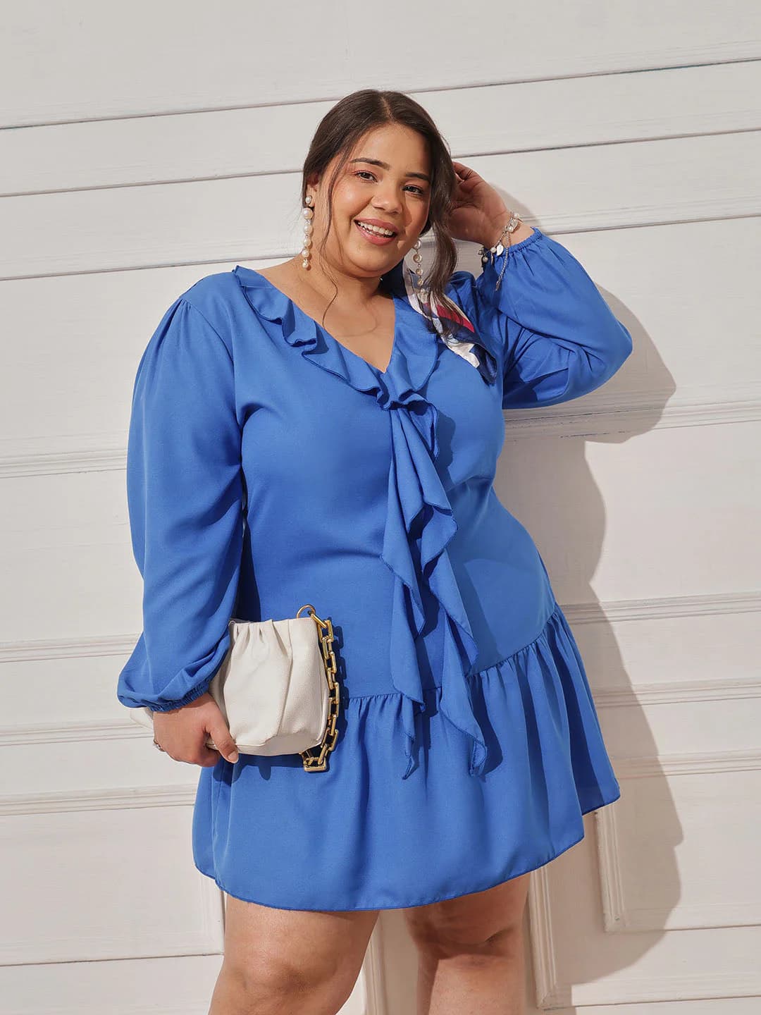 Women's Blue Casual Solid V-Neck Dress