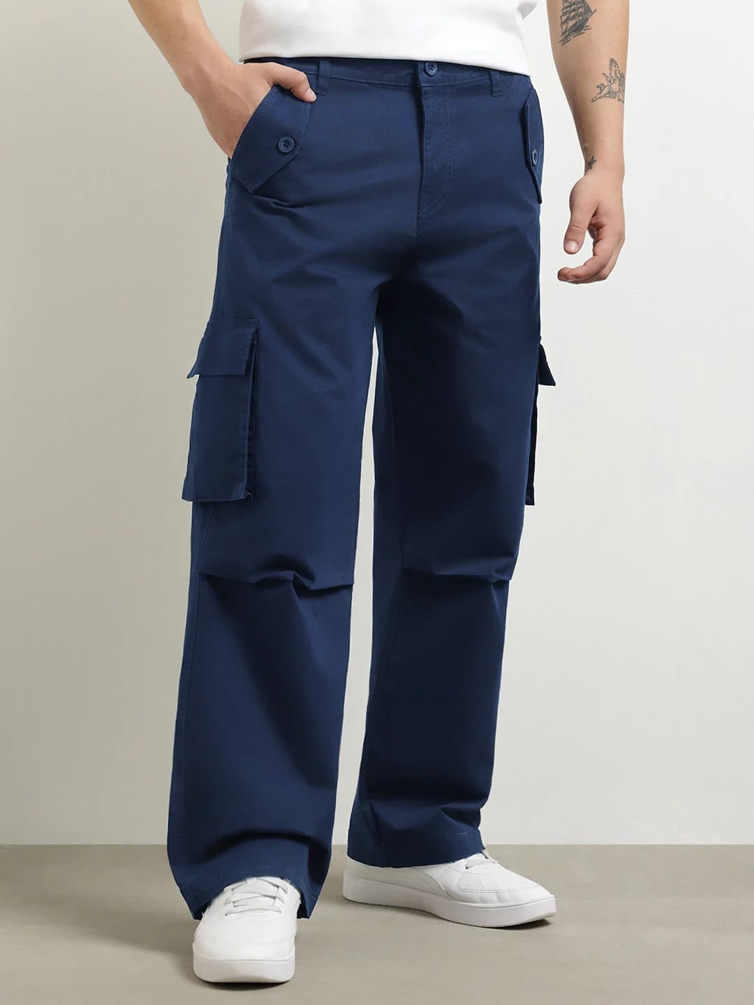 Men's Navy Casual Baggy Fit Mid Rise Cargos