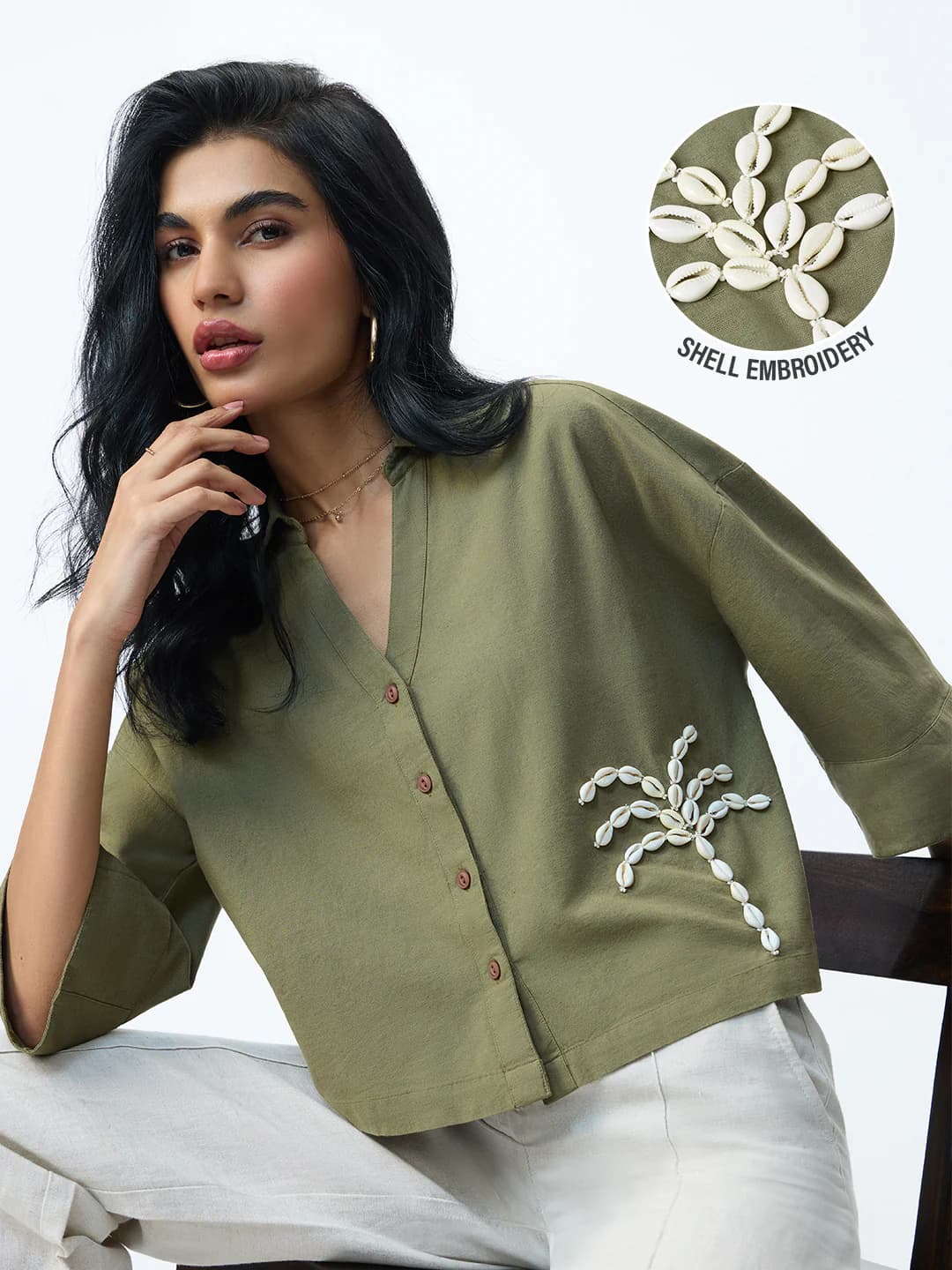 Women's Green Casual Oversized Fit Three Quarter Sleeves Shirt