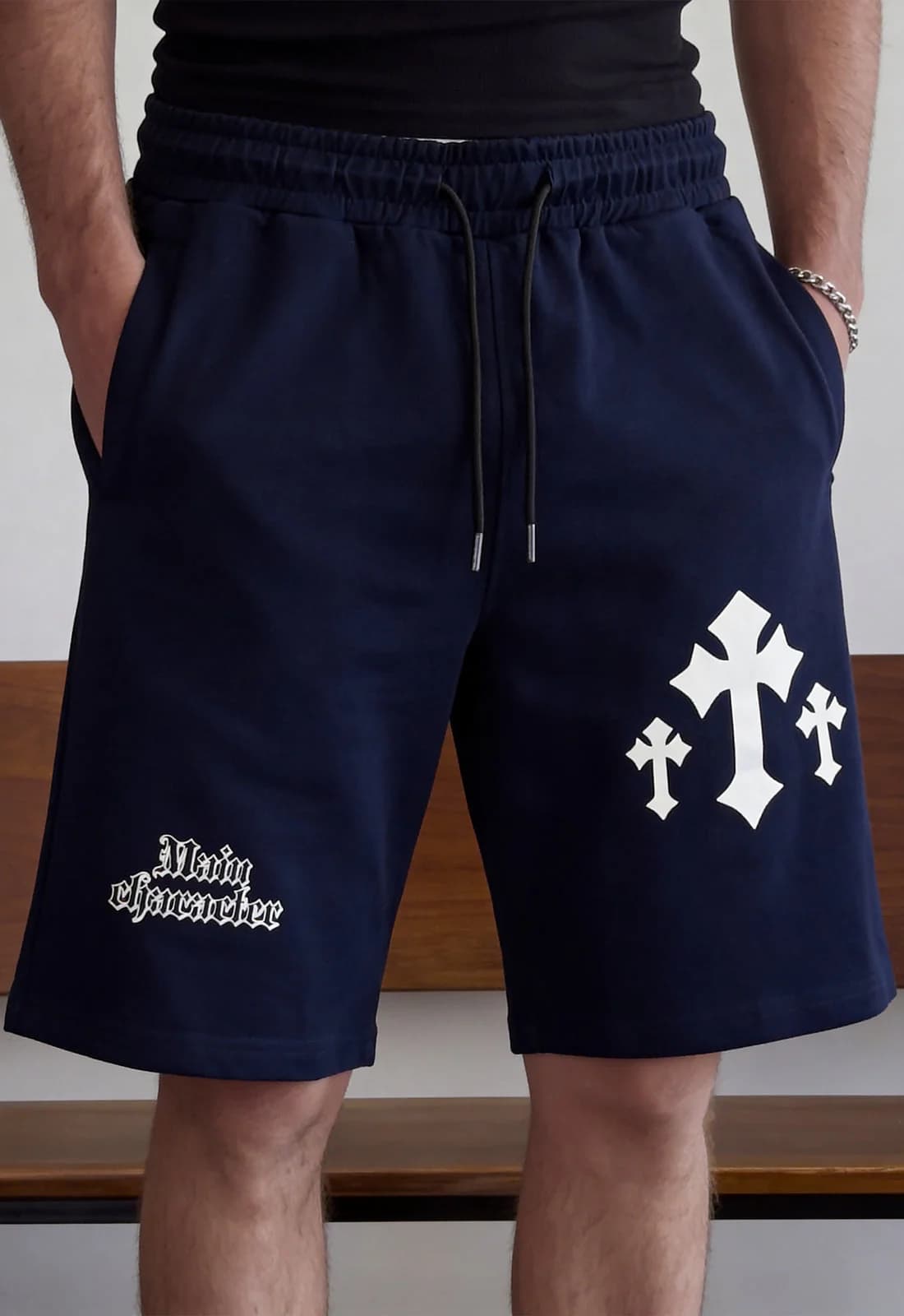 Unisex Navy Casual Printed Mid Rise Elasticated Shorts