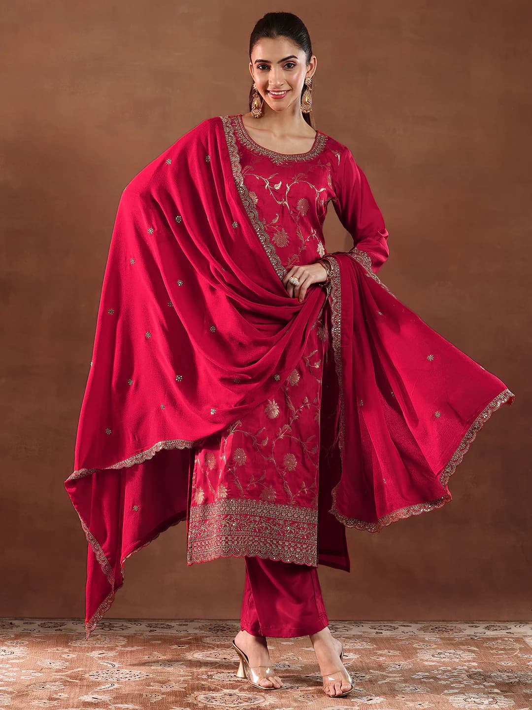 Women's Red Floral Woven Design Straight Kurta With Solid Trouser and Floral Embroidered Dupatta