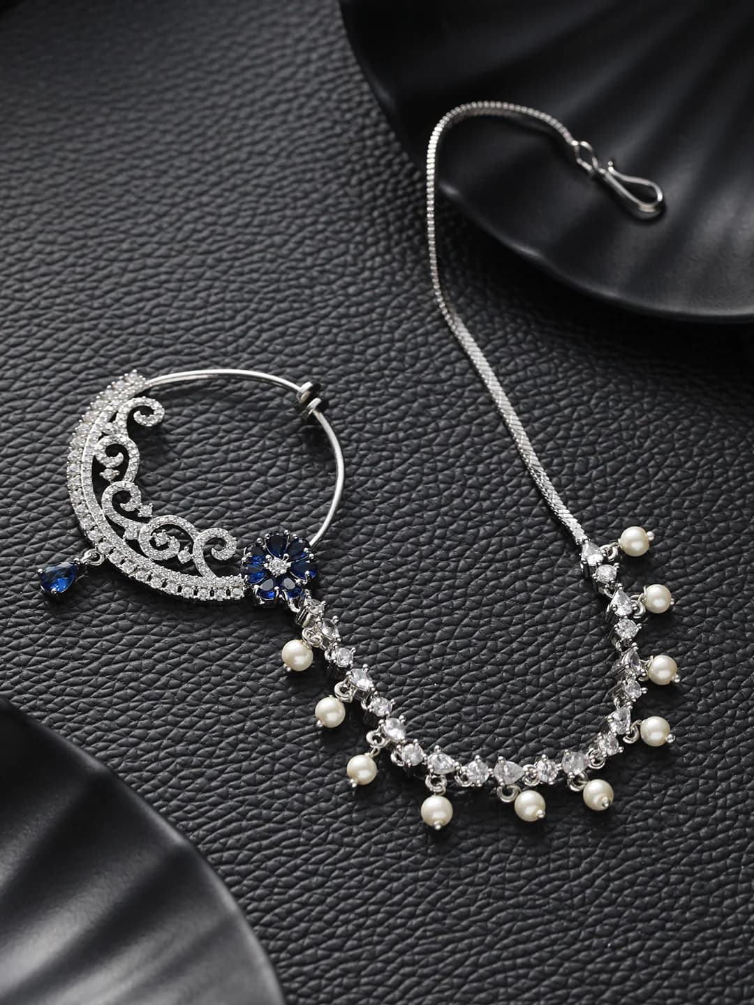 Women's Silver Plated Blue Floral American Diamond Studded Handcrafted Nose Ring with Pearl Drop Chain