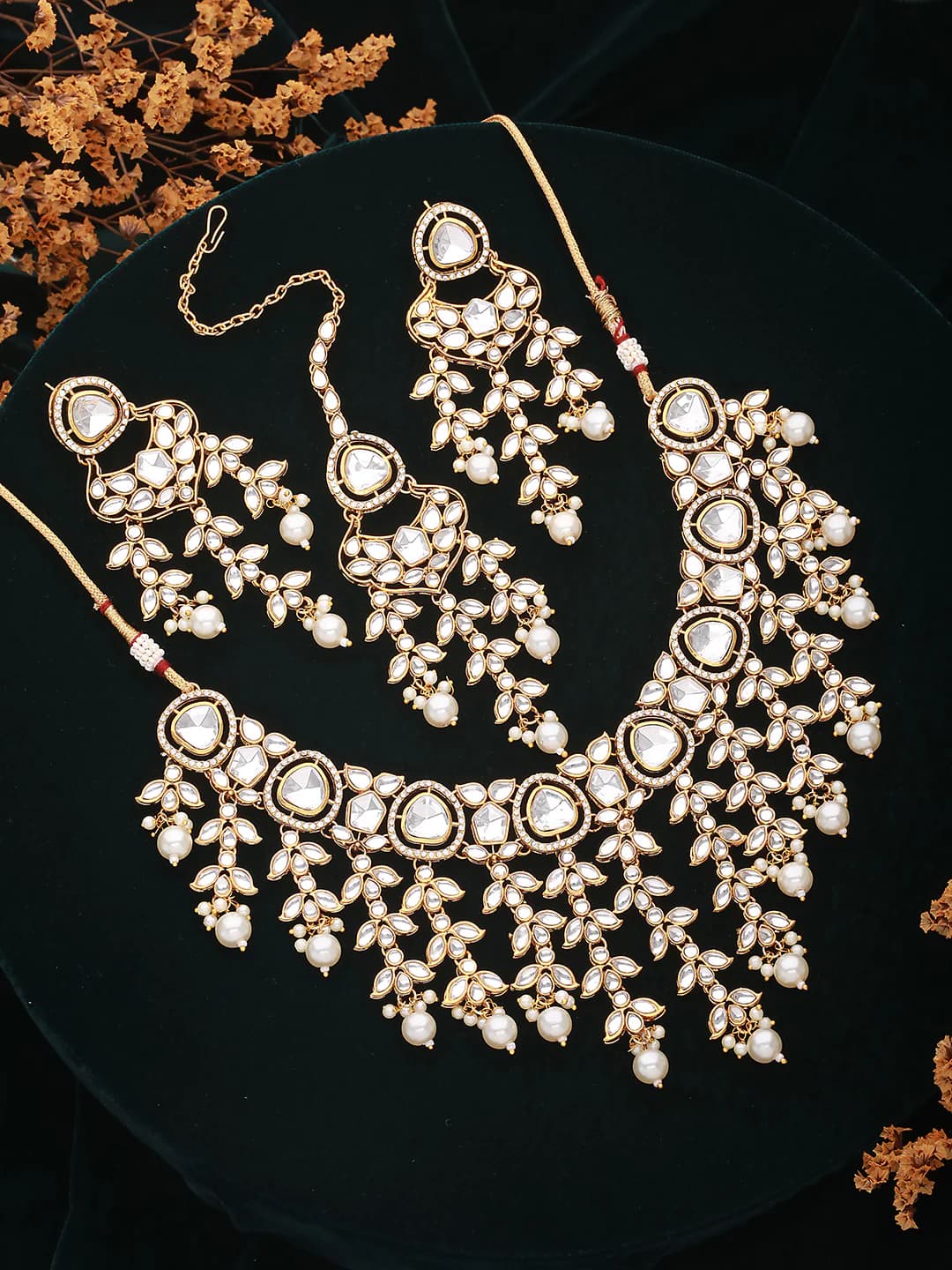 Women's Gold Plated Zircon Stone Studded and Pearl Beaded Jewellery Set