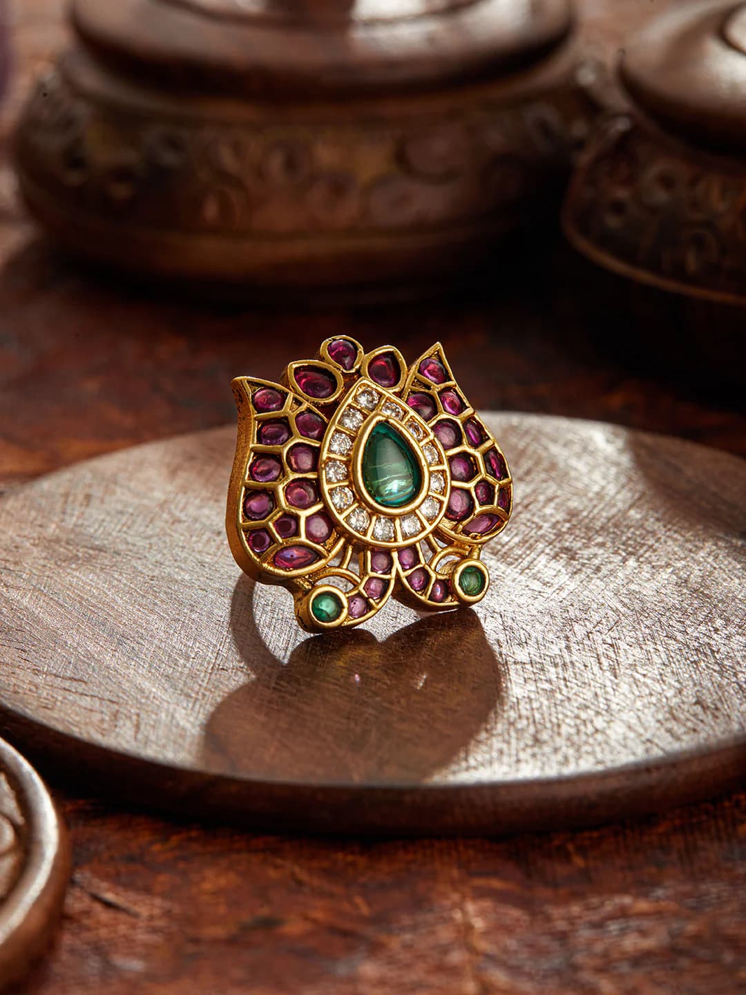 Women's Gold-Plated American Diamond Studded Adjustable Finger Ring