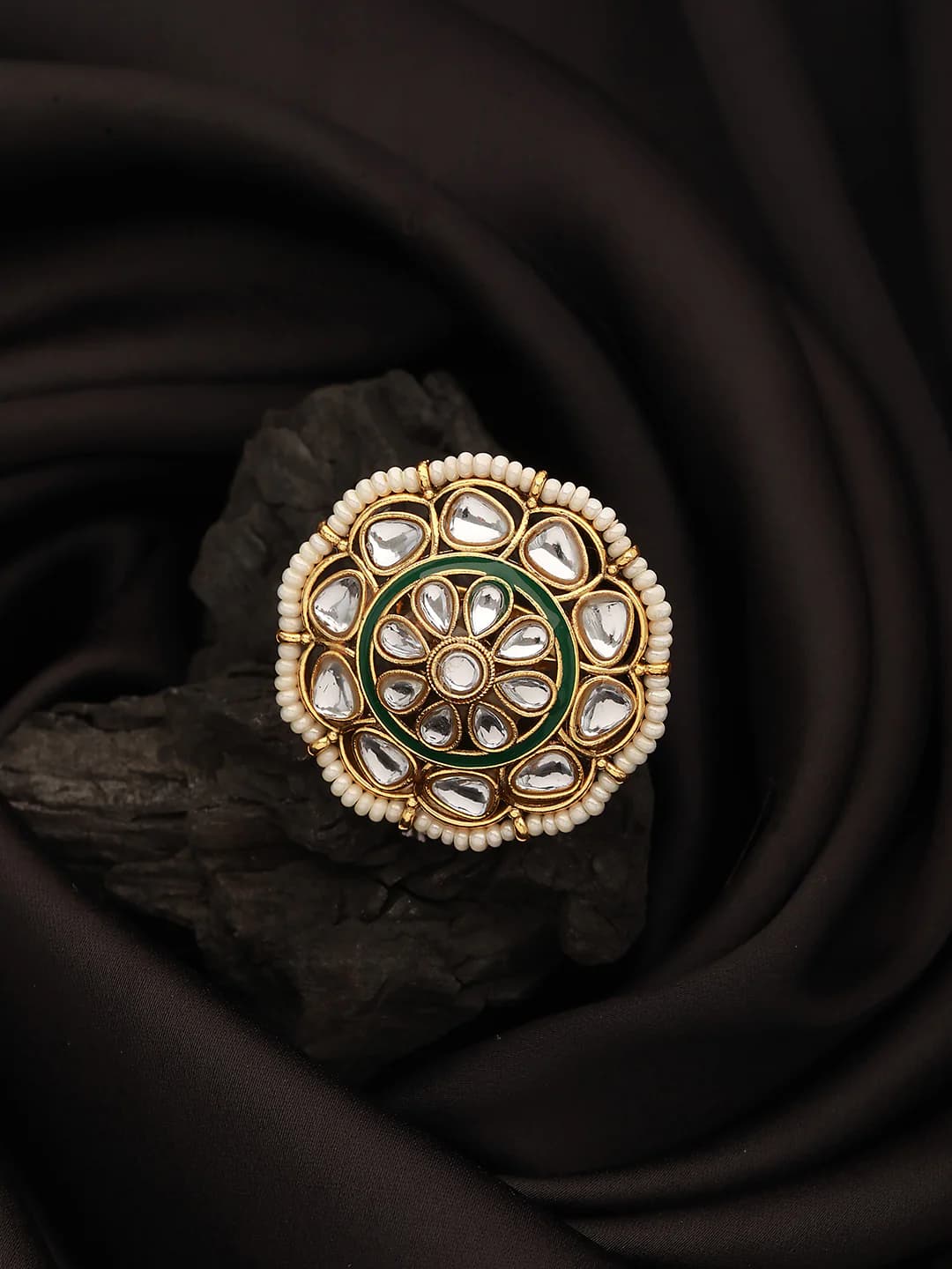 Women's Gold-Plated White Kundan Studded and Pearl Beaded Adjustable Finger Ring