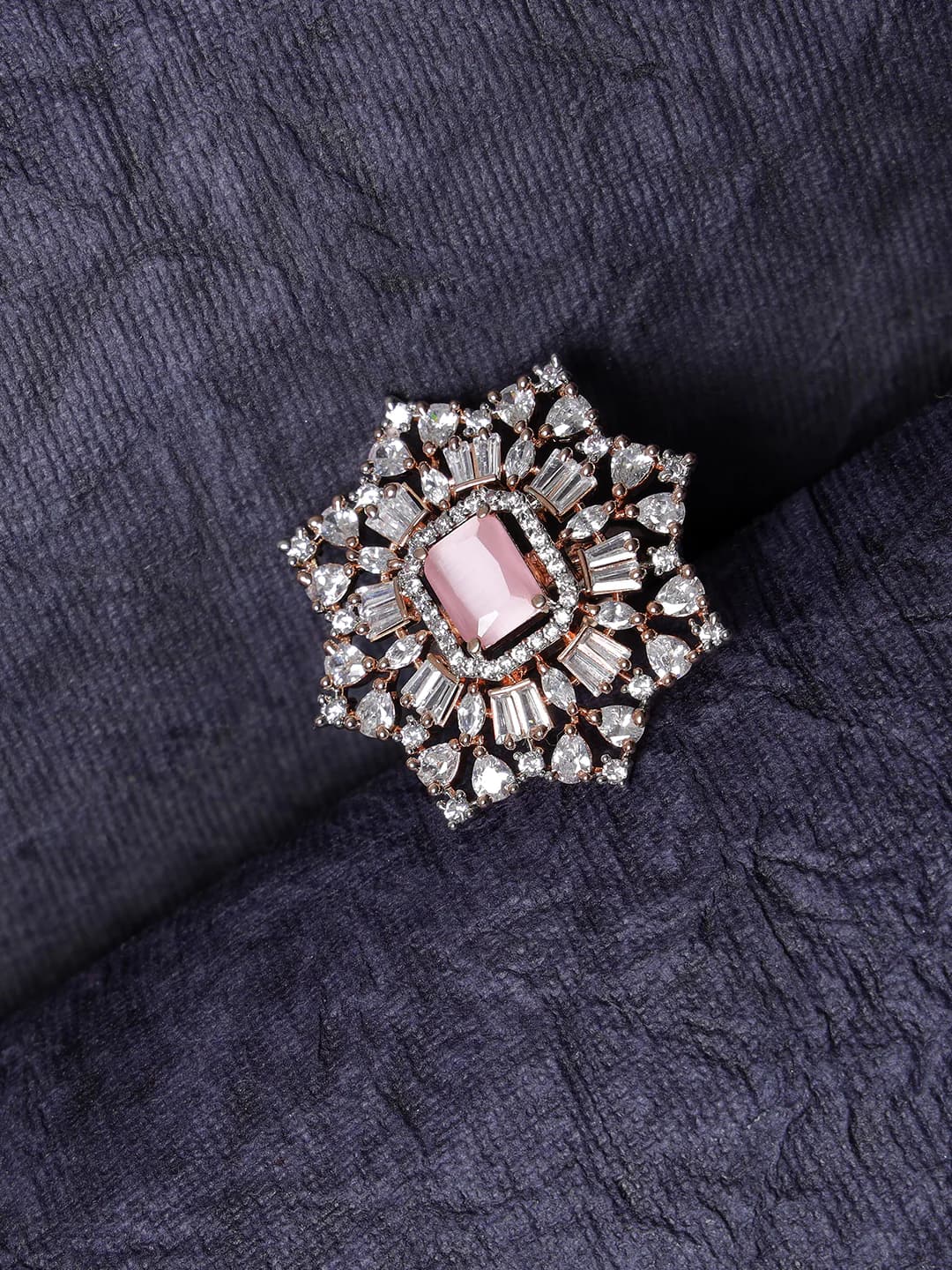 Women's Rose Gold-Plated Pink Ruby and White Ad-Studded Handcrafted Adjustable Finger Ring