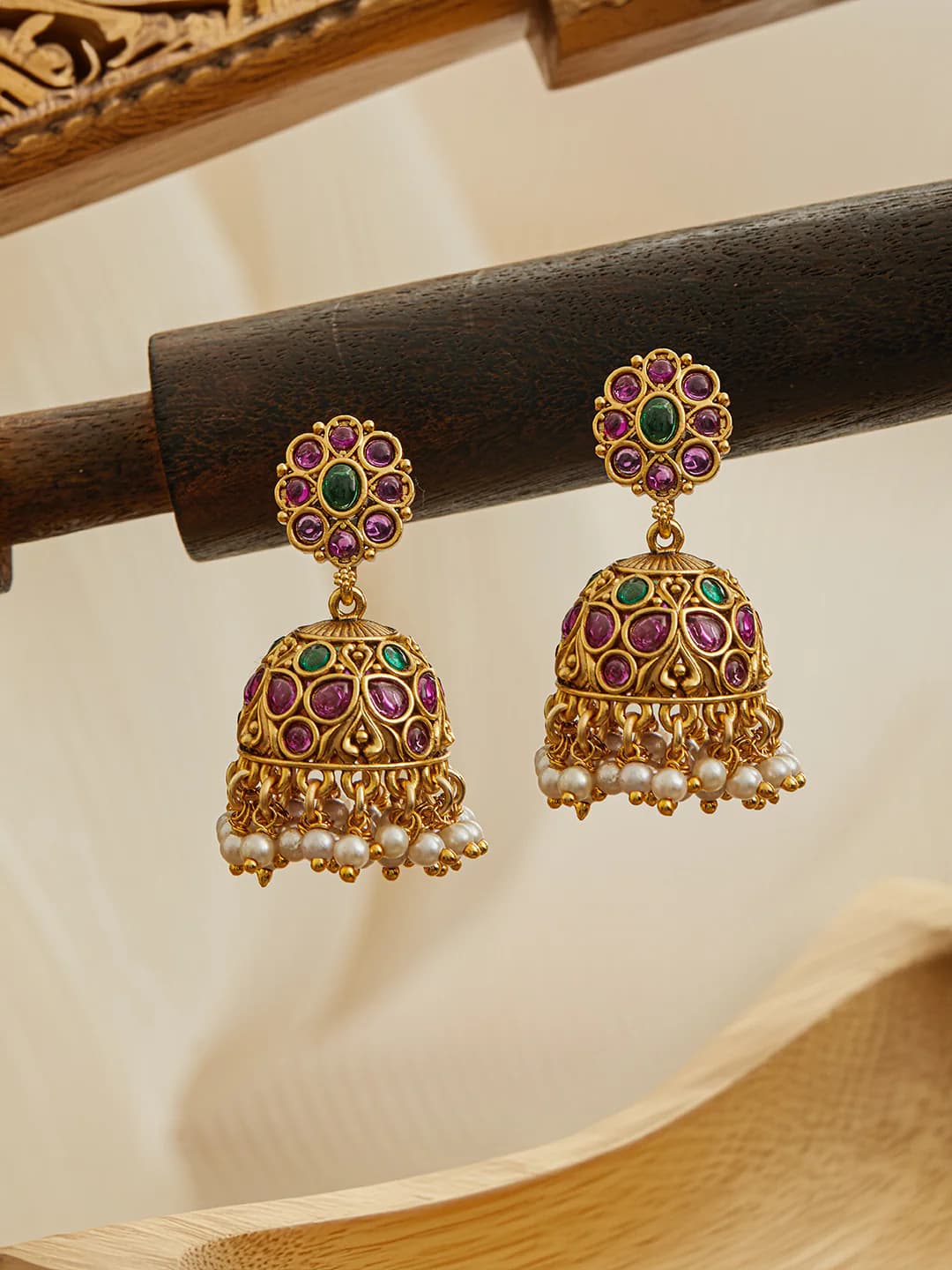 Women's Gold-Plated Ruby Stone Studded and Beaded Contemporary Dome Shaped Jhumkas Earrings