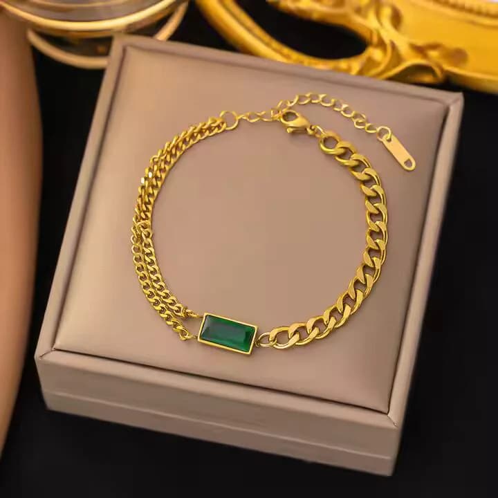 Women's Gold Plated Green Stone Studded Stainless Steel Chain Bracelet