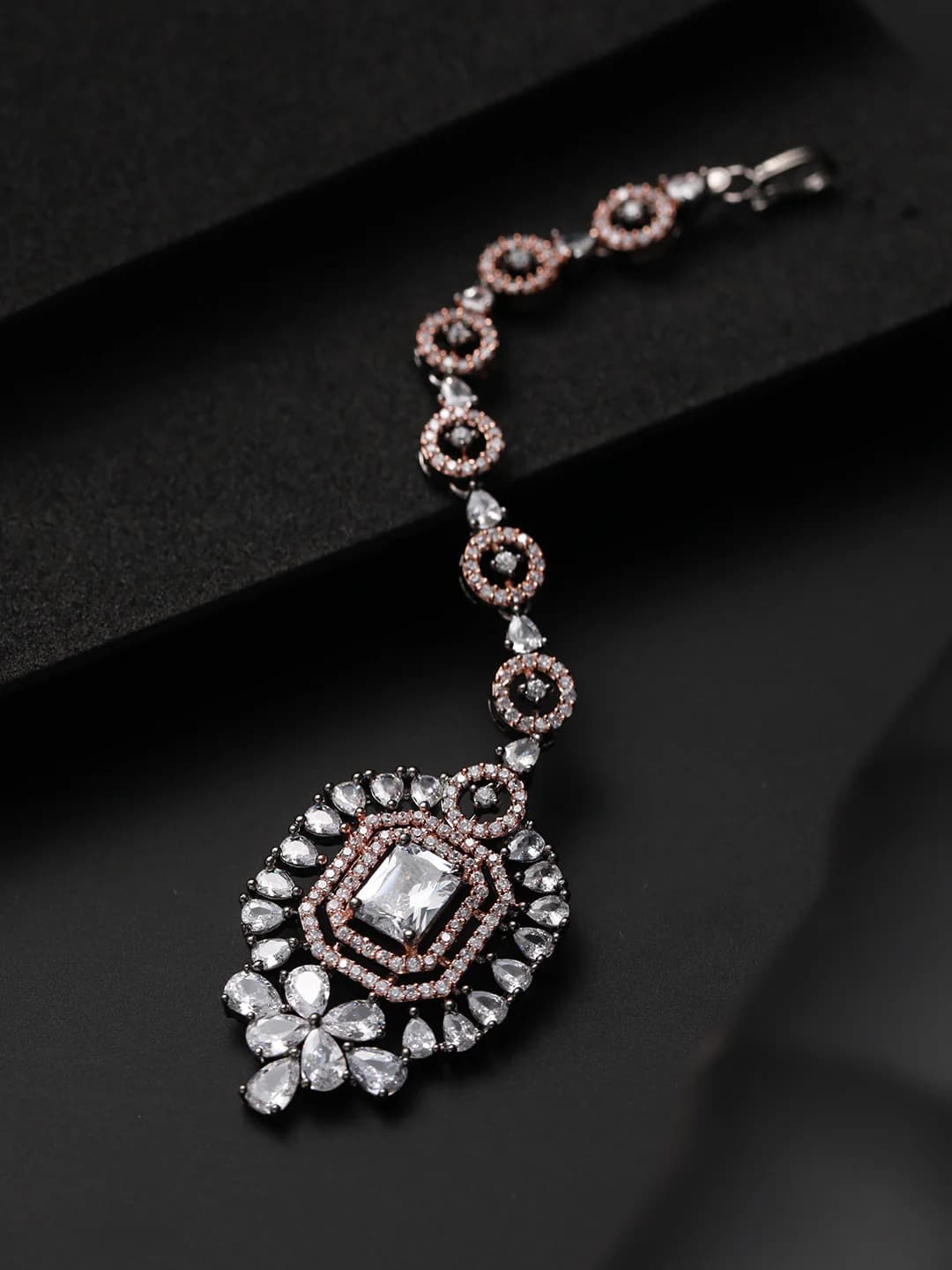 Women's Silver-Plated Dual-Toned American Diamond Studded Maang Tikka