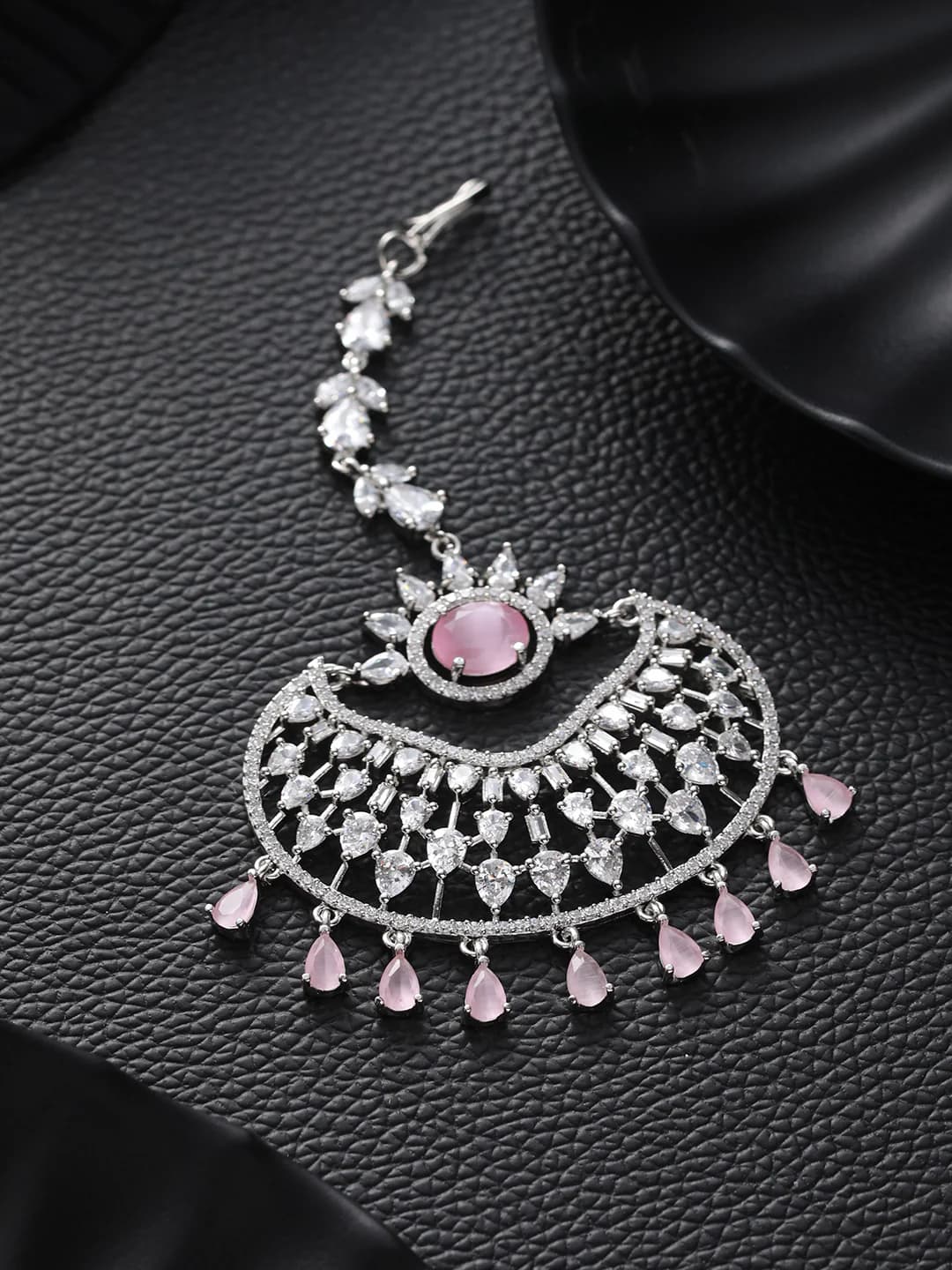 Women's Silver Plated Pink and White Ad Studded Handcrafted Maang Tika