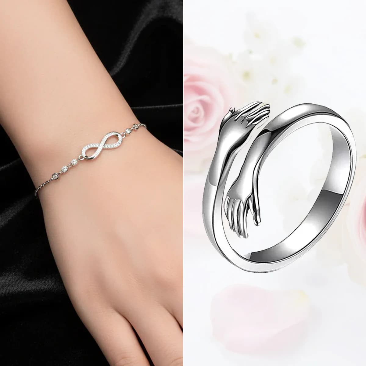Women's Silver Plated CZ Studded Infinity Adjustable Bracelet and Hug Ring Combo