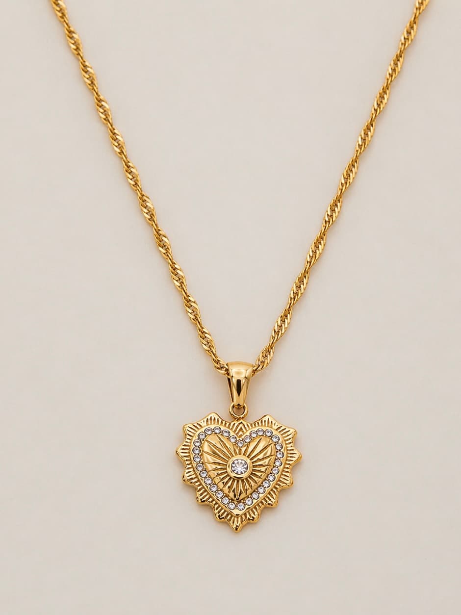 Women's Cher Vintage Heart Pendant Necklace in Gold Tone with Zircon Detail