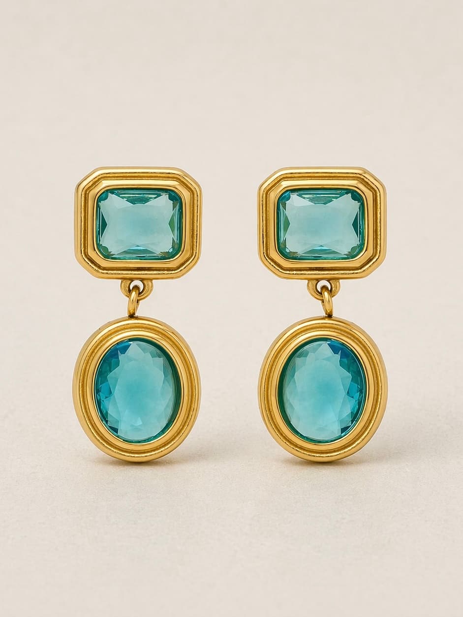 Women's Blue Dual Stone Drop Earrings In Gold Tone