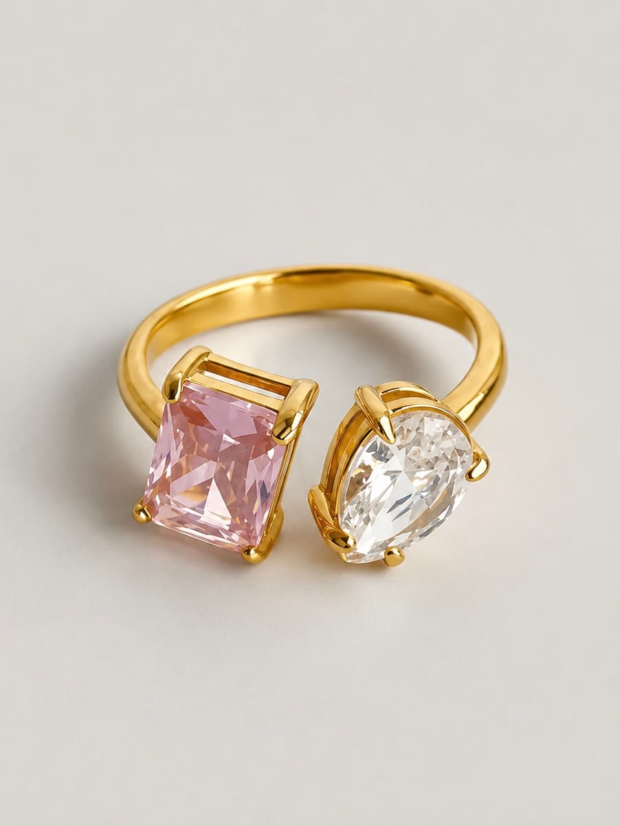 Women's Prism Pink and White Dual Stone Open Ring in Gold Tone