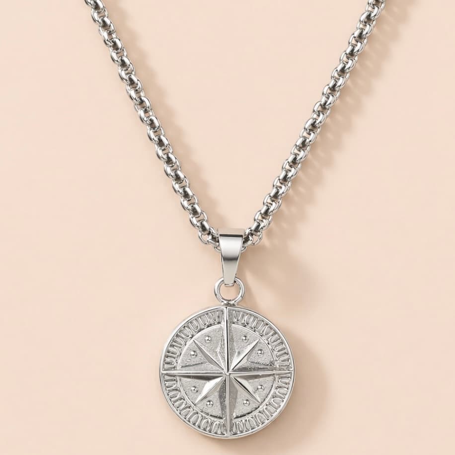 Men's Nomad Silver Compass Medallion Pendant Necklace in Silver Tone
