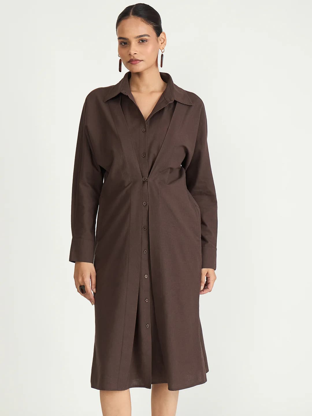 Women's Brown Casual Solid Shirt Dress Dress