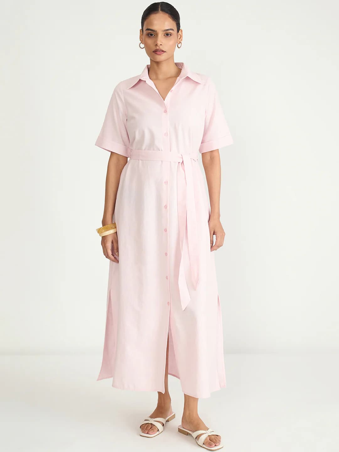 Women's Pink Casual Solid Shirt Dress Dress