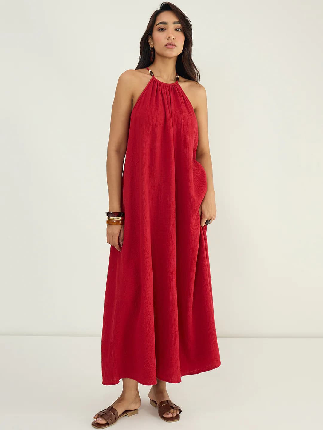 Women's Red Casual Solid A-Line Halter Neck Dress