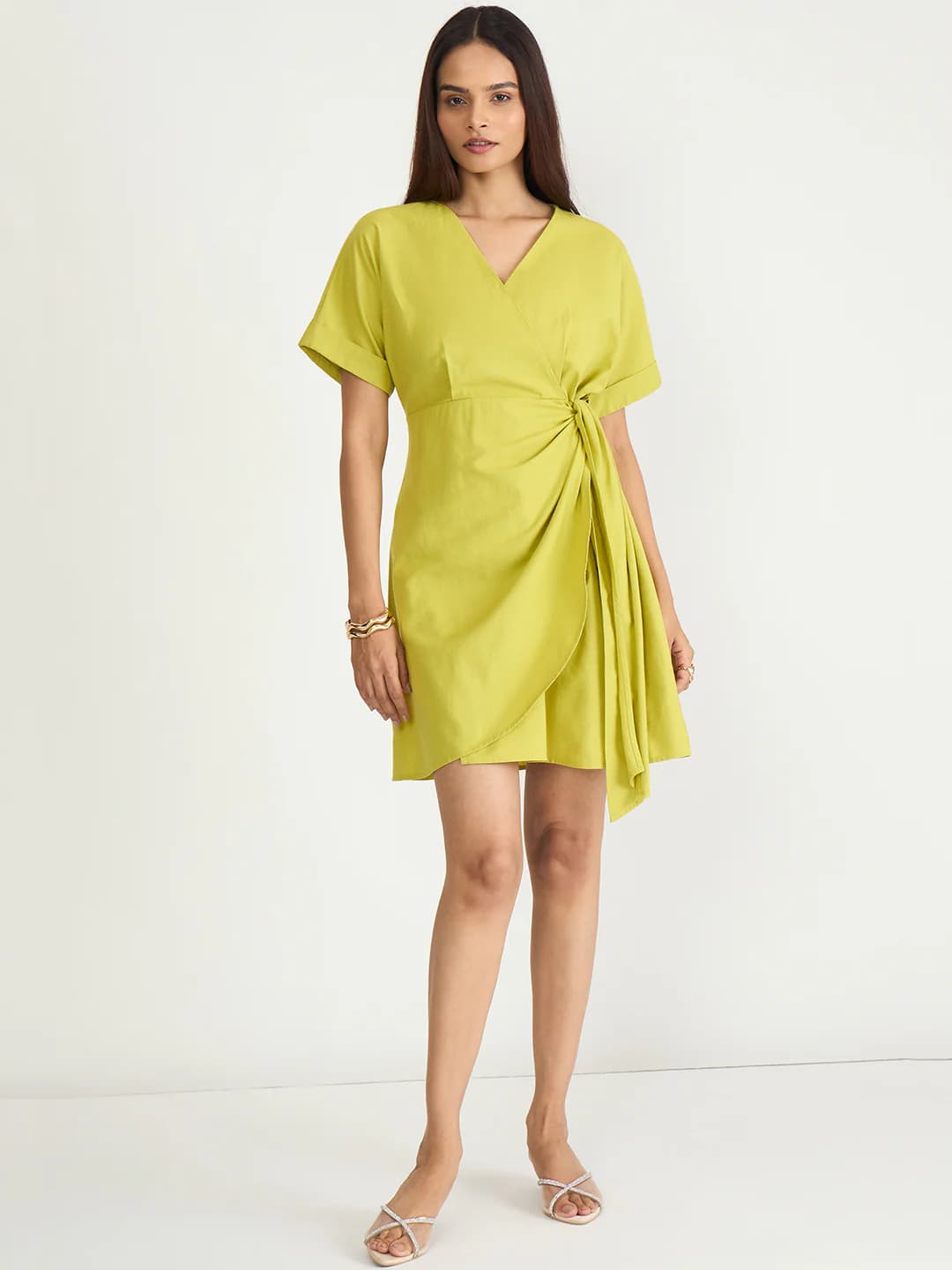 Women's Green Casual Solid Wrap Dress V-Neck Dress