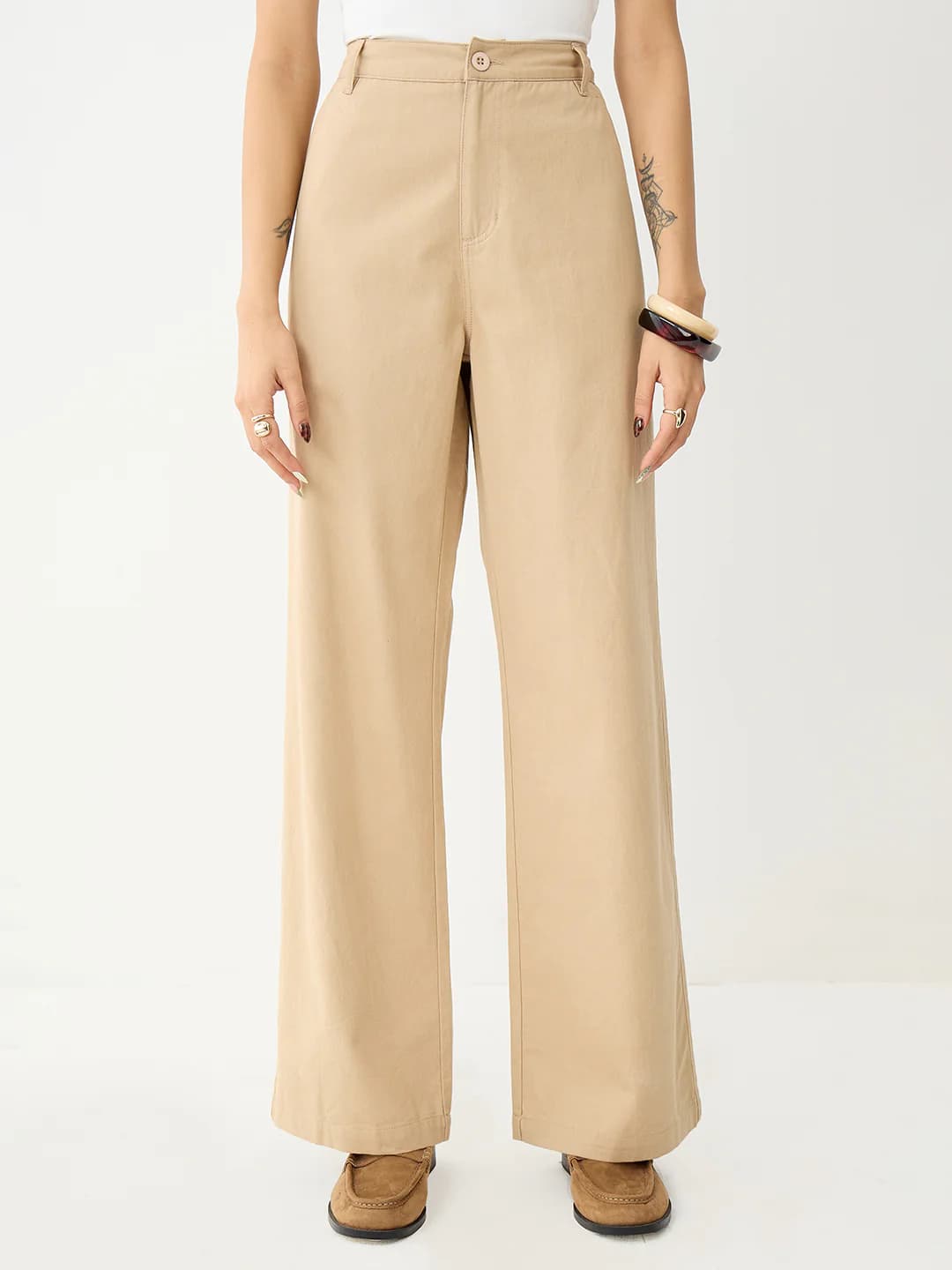 Women's Beige Casual Solid Regular Fit Mid Rise Trouser