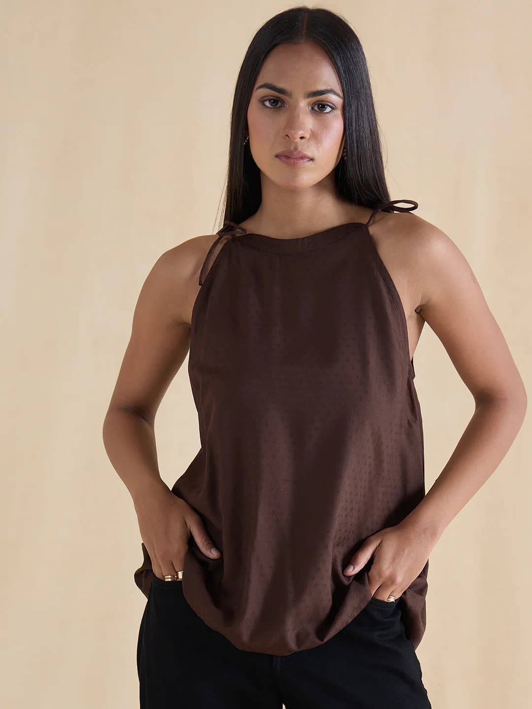 Women's Brown Casual Solid Regular Fit Halter Neck Top