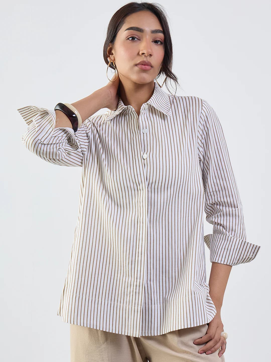 Women's White Casual Striped Regular Fit Shirt
