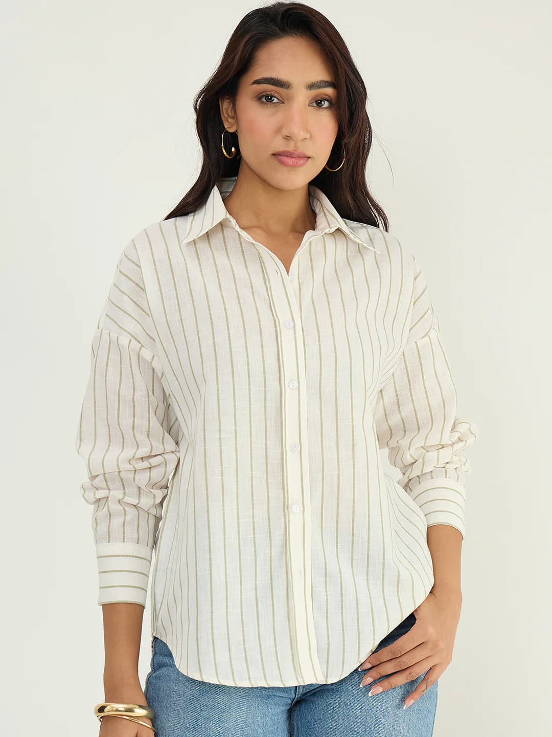 Women's Green Casual Striped Regular Fit Shirt