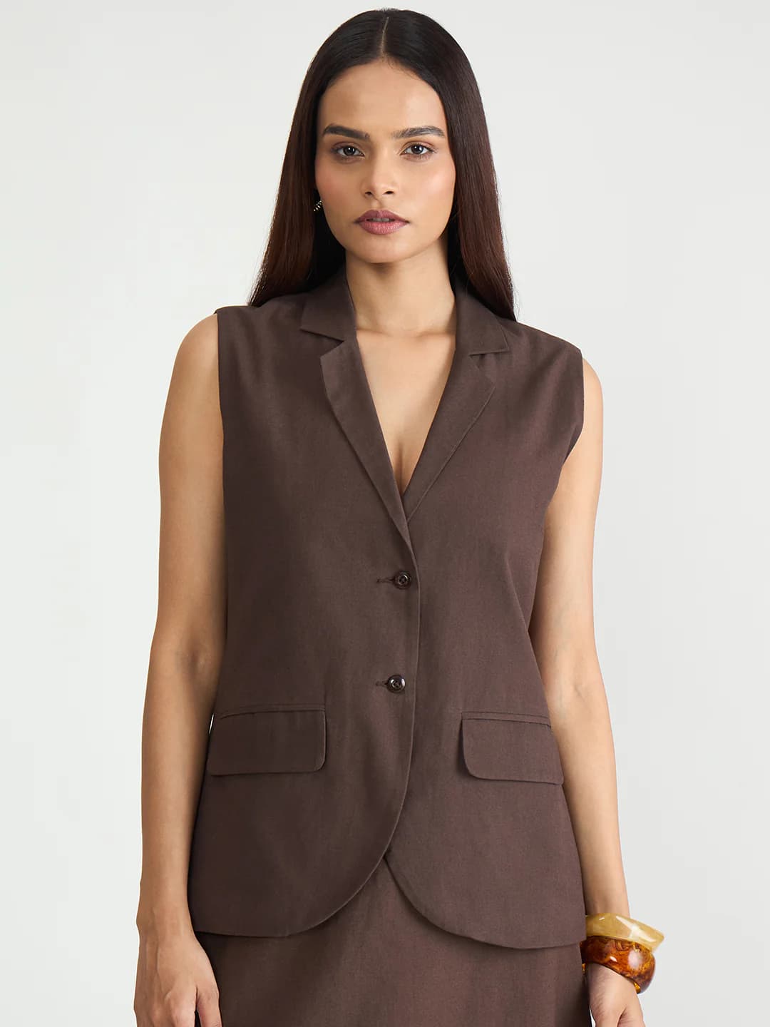 Women's Brown Casual Solid Regular Fit Notched Lapel Top