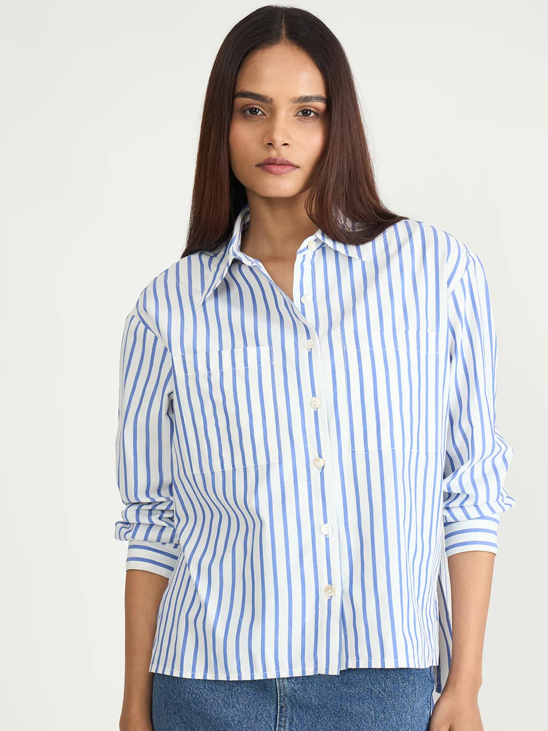 Women's Blue Casual Striped Oversized Fit Shirt
