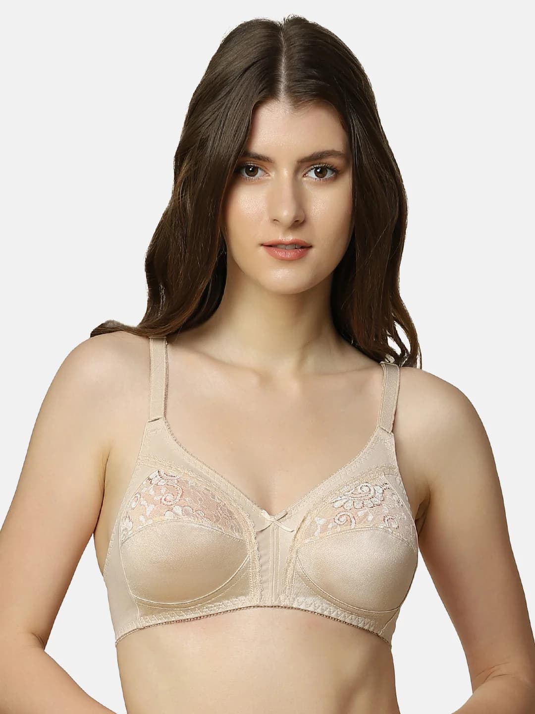 Women's Beige Lace Detailing Non-Wired 3/4th Coverage Non-Padded Bra