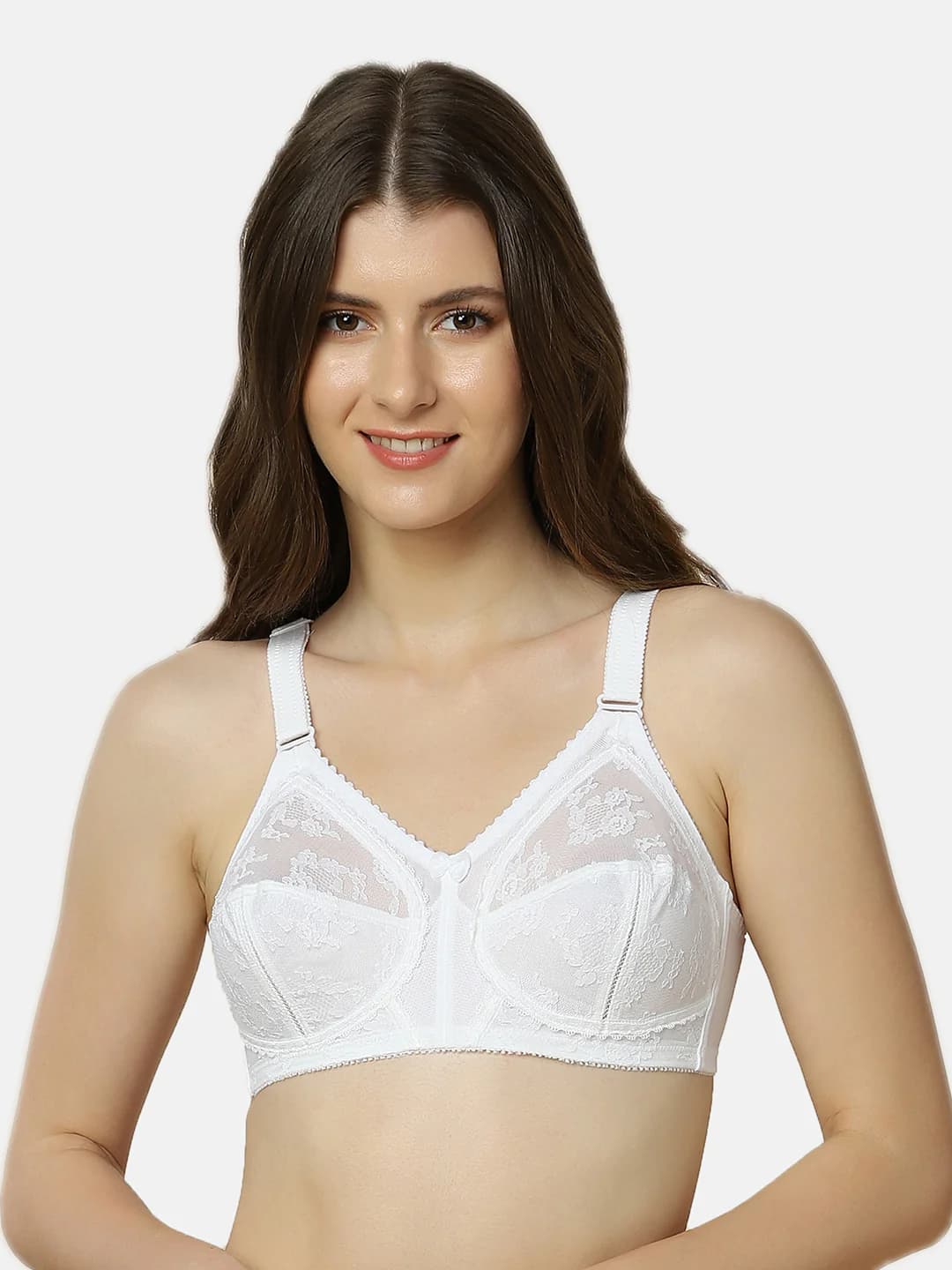 Women's White Lace Detailing Non-Wired Medium Coverage Non-Padded Bra