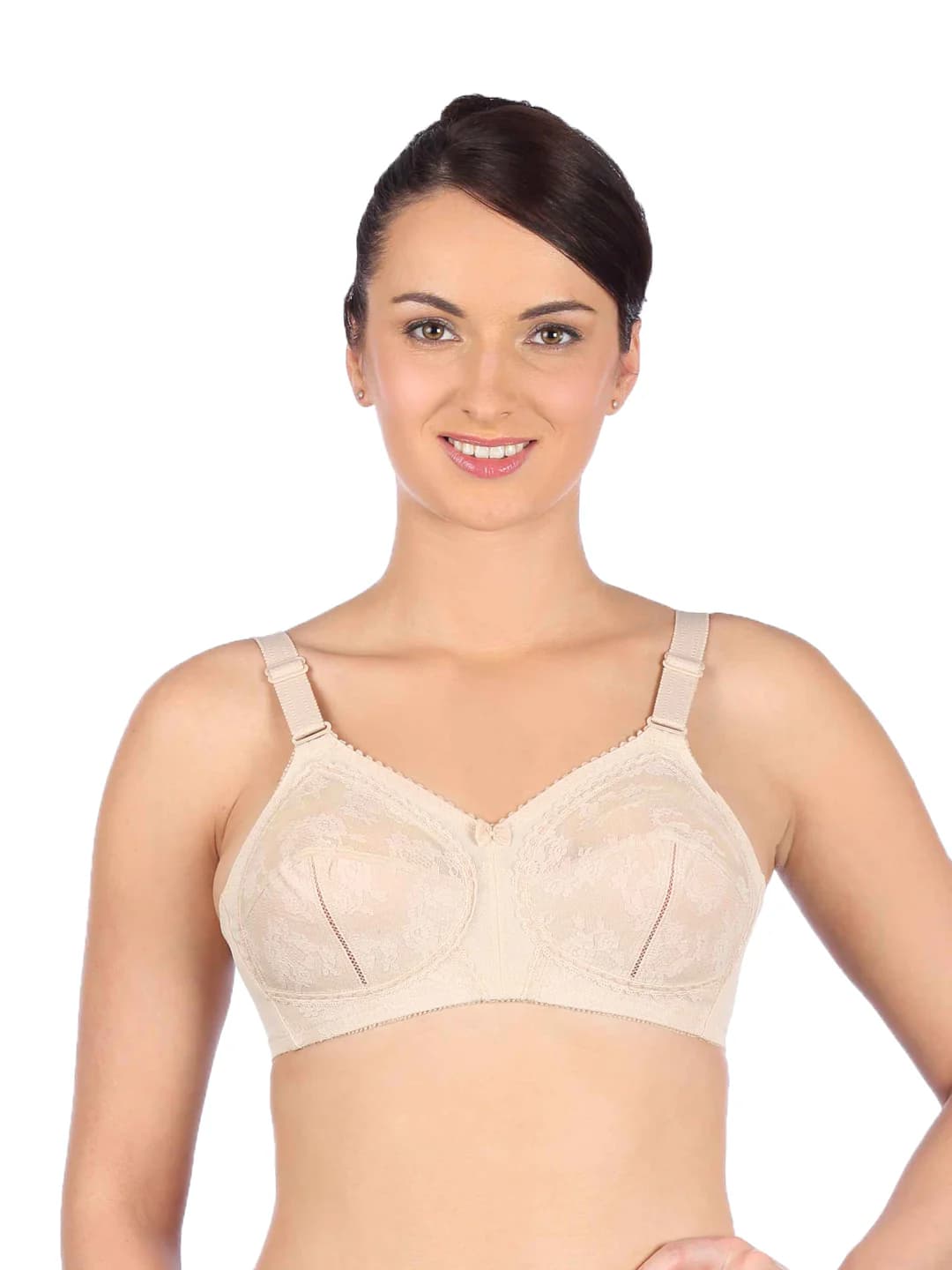 Women's Beige Lace Detailing Non-Wired Medium Coverage Non-Padded Bra