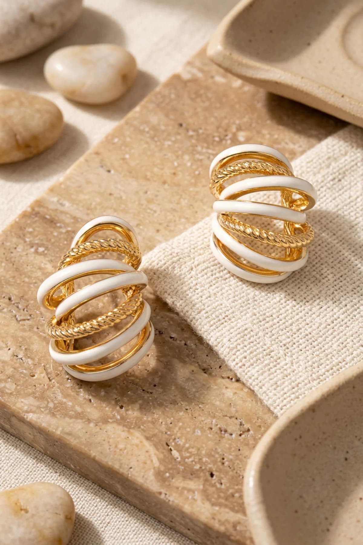 Women's Gold Plated White Emel Twisted Hoop Earrings