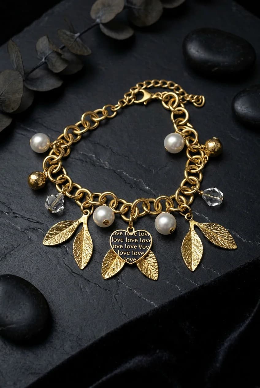Women's Fashion Gold Leaf Charm Bracelet with Pearls
