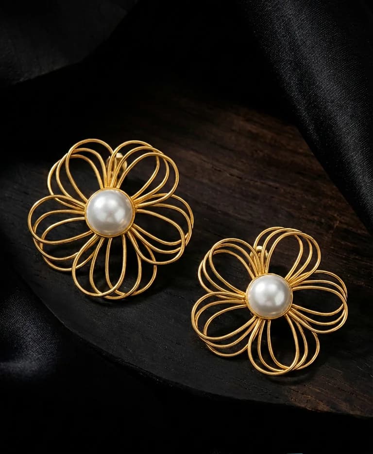 Women's and Girls Gold-Toned Floral Pearl Stud Earrings