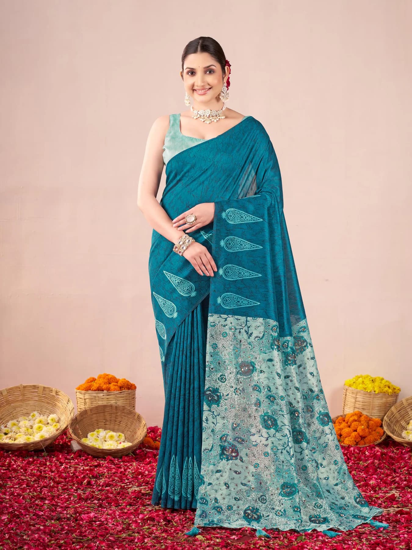 Women's Catbul Silk Floral Paisley Printed Blue Saree with Unstitched Blouse Piece