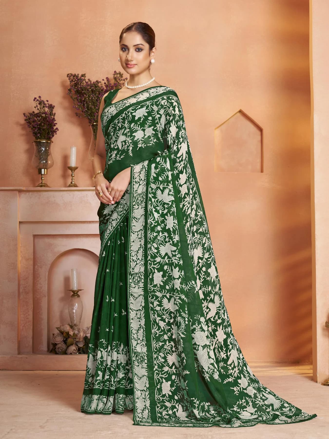 Women's Organza Floral Printed Green Saree with Unstitched Blouse Piece