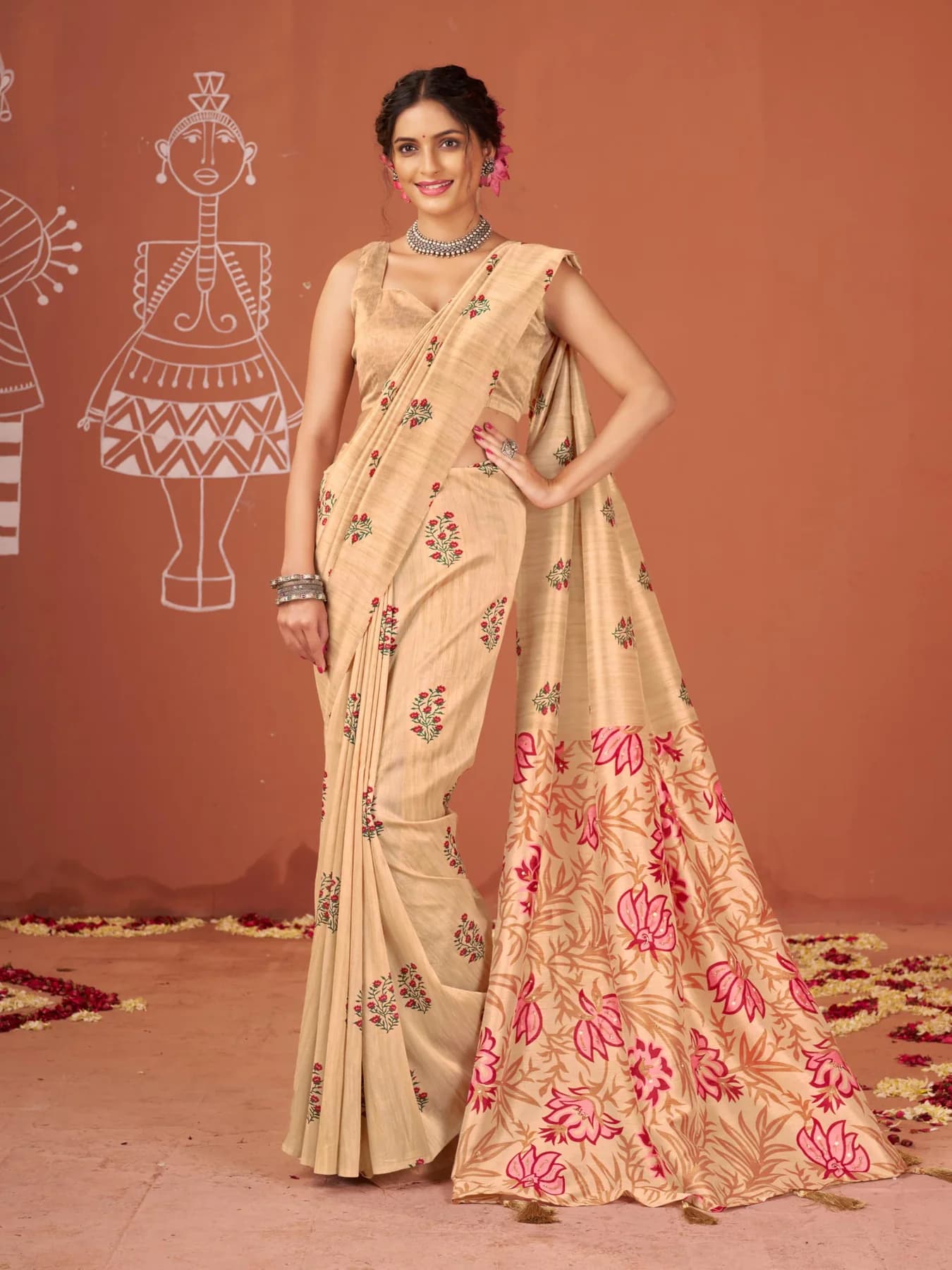 Women's Catbul Silk Floral Printed Beige Saree with Unstitched Blouse Piece